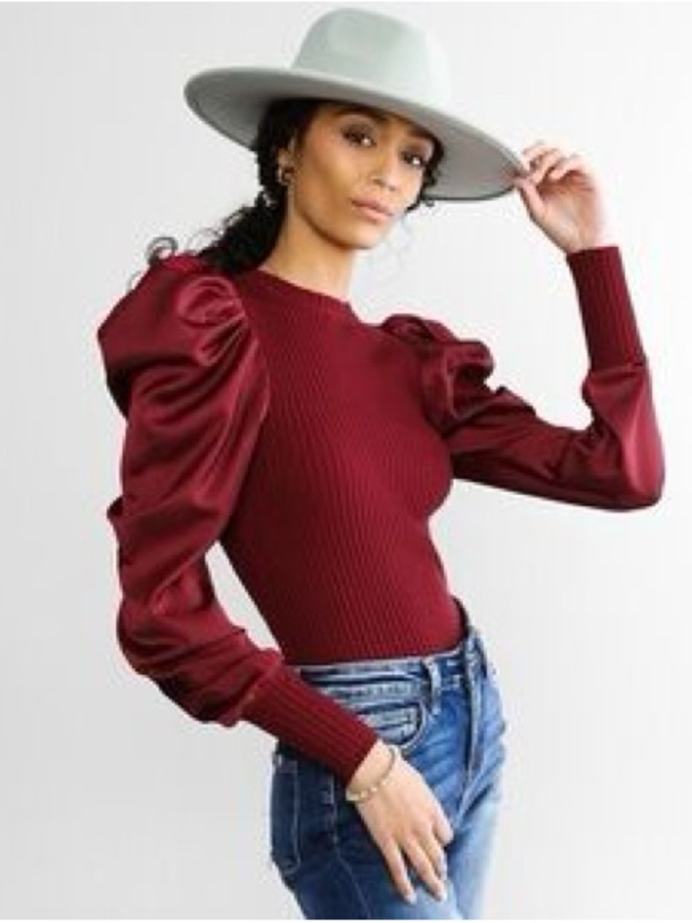BKE Puff Sleeve Ribbed Sweater Top - Wine Red
